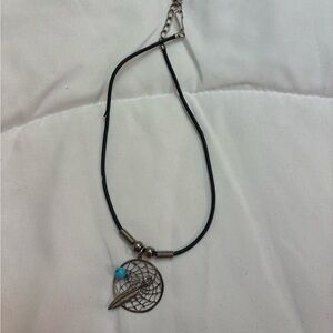 Sterling Silver Native American Dream Catcher W/ Black Leather Cord & Feather